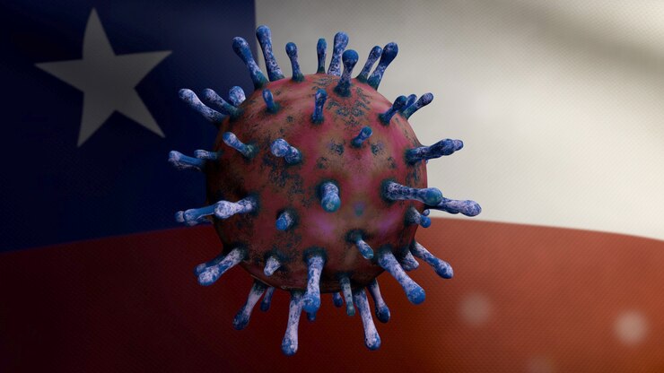 Foto ilustración 3d ondeando la bandera chilena y el concepto de coronavirus 2019 ncov. brote asiático en chile, coronavirus influenza como casos peligrosos de cepa de influenza como pandemia. microscopio virus covid19 de cerca.
