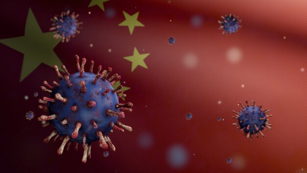Ilustración 3D ondeando la bandera china y el concepto de coronavirus 2019 nCov. Brote asiático en China, los coronavirus de la influenza como casos peligrosos de la cepa de la gripe como una pandemia. Microscopio virus Covid19 de cerca.