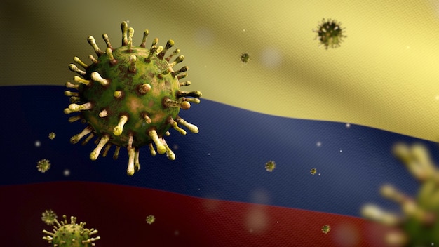 Ilustración 3D ondeando la bandera colombiana y el concepto de coronavirus 2019 nCov. Brote asiático en Colombia, coronavirus influenza como casos peligrosos de cepa de influenza como pandemia. Virus de microscopio Covid19