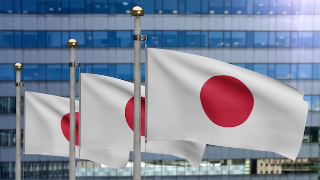 Ilustración 3D Ondeando la bandera japonesa en una ciudad moderna de rascacielos. Hermosa torre alta con estandarte japonés soplando seda suave. Fondo de la bandera de la textura de la tela del paño. Concepto de país del día nacional