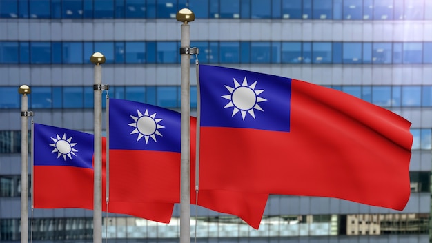 Ilustración 3D ondeando la bandera taiwanesa en una moderna ciudad de rascacielos. Hermosa torre alta con bandera de Taiwán de seda suave y lisa. Fondo de la bandera de la textura de la tela del paño. Concepto de país del día nacional.