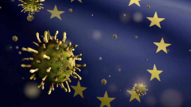 Ilustración 3D ondeando la bandera de la Unión Europea y el concepto nCov de Coronavirus 2019. Brote en Europa, coronavirus de influenza como casos peligrosos de cepa de influenza como pandemia. Virus de microscopio Covid 19