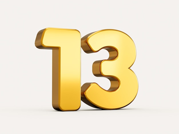 Ilustración 3d de oro número 13 o trece aislado sobre fondo beige con sombra