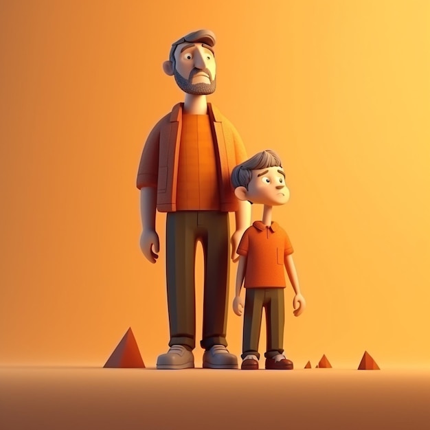 Ilustración 3D de un padre y un hijo parados en el bosque Concepto feliz del día del padre