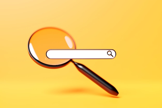 Ilustración 3D de una página de búsqueda en Internet con lupa con sombra sobre fondo amarillo aislado