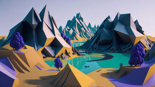 Ilustración 3d de paisaje abstracto con lago de montañas y árboles