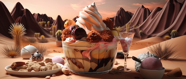 Ilustración 3D de un paisaje desértico y un oasis de sundae de helado