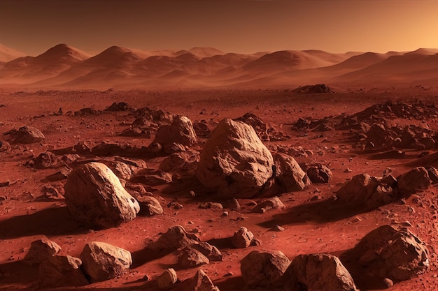 Ilustración 3d del paisaje en el desierto escénico del planeta Marte en el planeta rojo