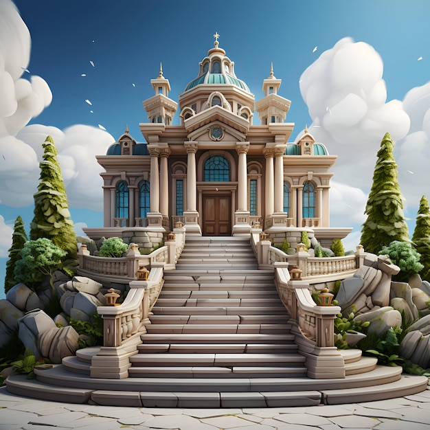 Ilustración 3D de un paisaje de fantasía con una casa de fantasía