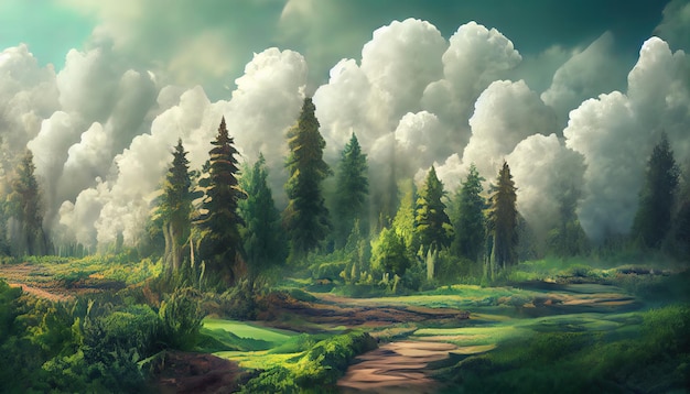 Ilustración 3D del paisaje forestal con una atmósfera densa y nublada Ai generativo