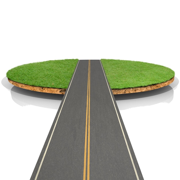 Ilustración 3D paisaje de hierba redonda con carretera una carretera con una doble línea amarilla en ella