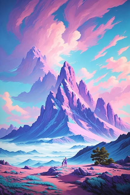 Ilustración en 3D de paisajes fantásticos picos de montañas al atardecer