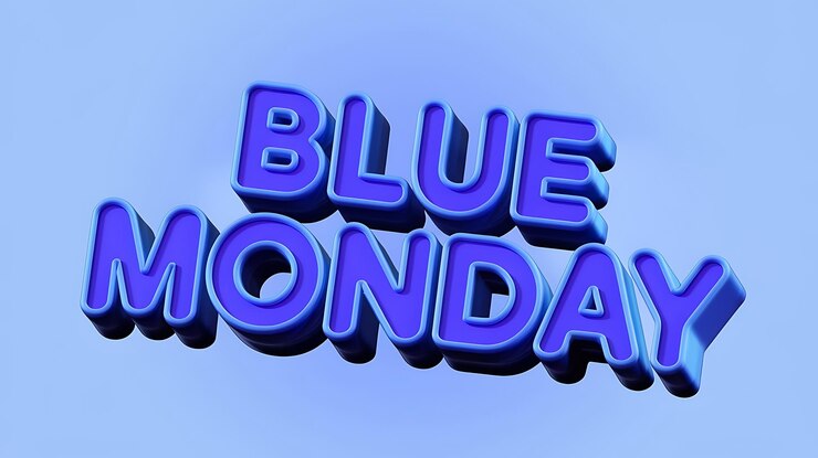 Foto ilustración 3d de las palabras blue moday en fondo azul y blanco