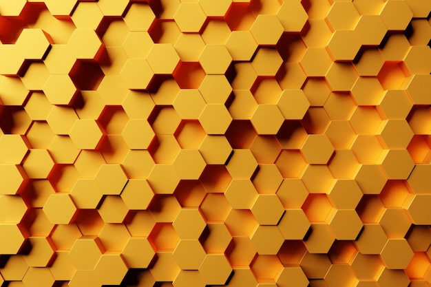 Ilustración 3d de un panal monocromático de panal amarillo para miel. Patrón de formas hexagonales geométricas simples, fondo de mosaico. Concepto de panal de abeja, colmena