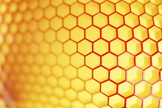 Ilustración 3d de un panal monocromático de panal amarillo para miel. Patrón de formas hexagonales geométricas simples, fondo de mosaico.