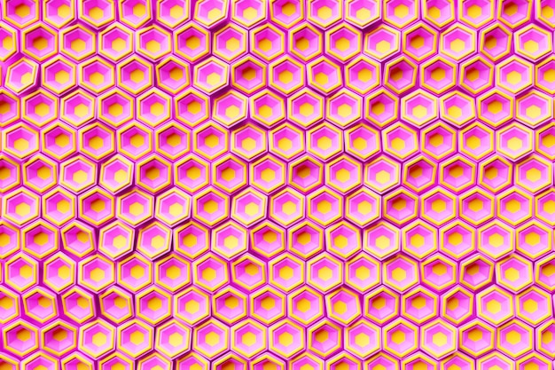 Ilustración 3d de un panal monocromático de panal rosa y naranja para miel Patrón de formas hexagonales geométricas simples Fondo de mosaico Concepto de panal de abeja Colmena