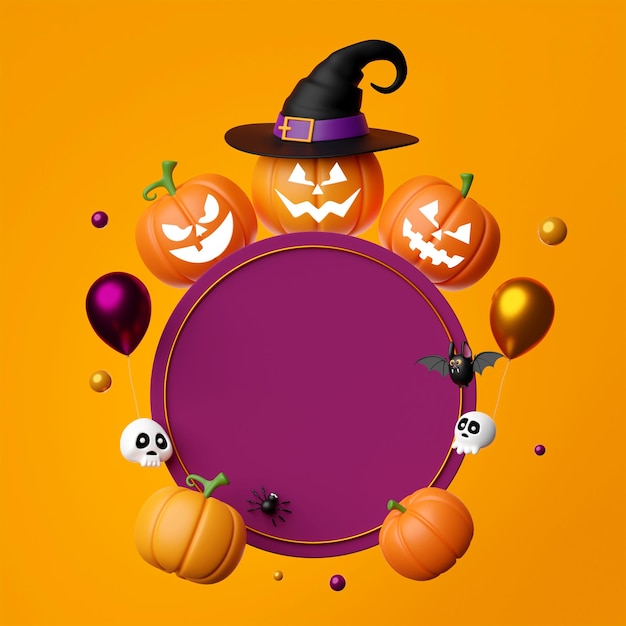 Ilustración 3D de la pancarta de Feliz Halloween con Jack O Lantern