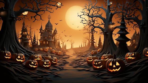 Ilustración 3D de la pancarta temática de Halloween con un grupo de calabaza Jack O Lantern y gráfico de papel