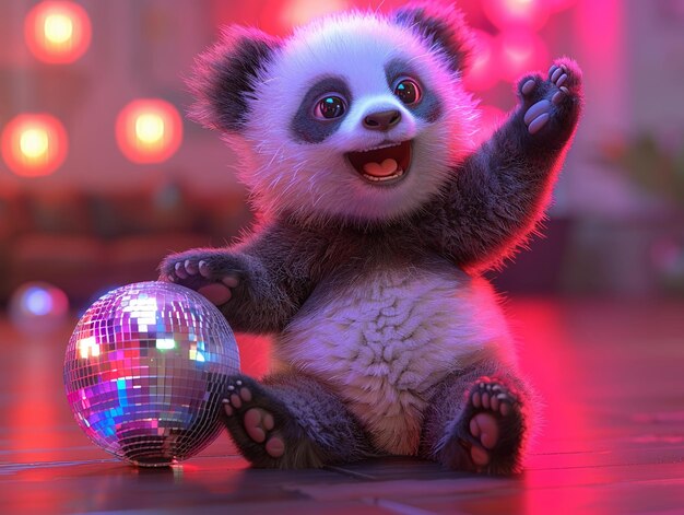 Ilustración 3D de un panda gordo al estilo de dibujos animados rodando con una pelota de discoteca brillante con