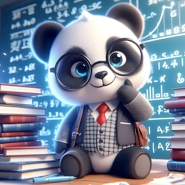 Ilustración 3D de un panda en traje y gafas con un libro