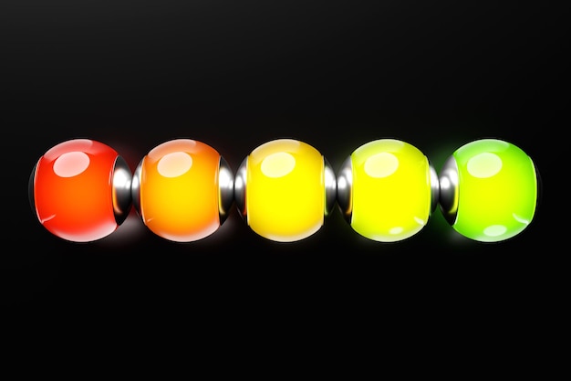Ilustración 3D de un panel de instrumentos brillante que muestra valores desde valores normales hasta valores críticos en diferentes colores sobre un fondo negro