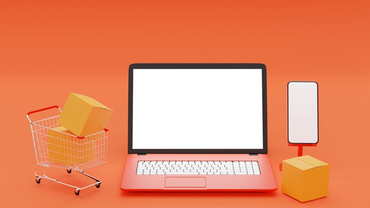 Foto ilustración 3d pantalla en blanco naranja portátil y teléfono inteligente rojo con carro paquete de caja amarilla sobre fondo naranja claro, colorido ordenador portátil y móvil con pantalla en blanco.