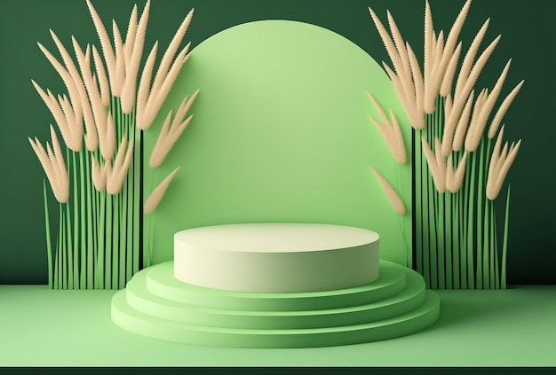 Ilustración 3d de una pantalla de producto con podio de hierba verde