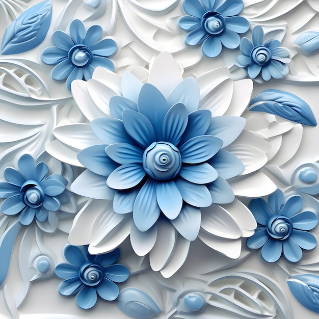 Ilustración 3D papel tapiz de lujo patrón de flores sin costuras azul y blanco