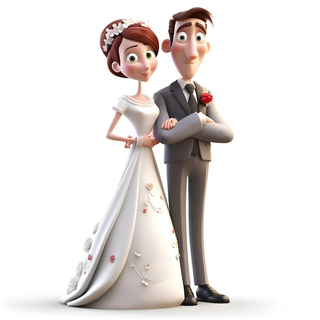 Ilustración 3D de una pareja de recién casados con un vestido de novia