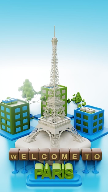 Ilustración 3d París y la torre Eiffel como zona de espacio verde histórica