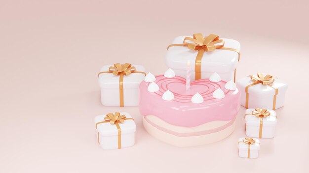 Ilustración 3D de un pastel de fresa en forma de corazón rodeado de cajas de regalo cuadradas blancas brillantes