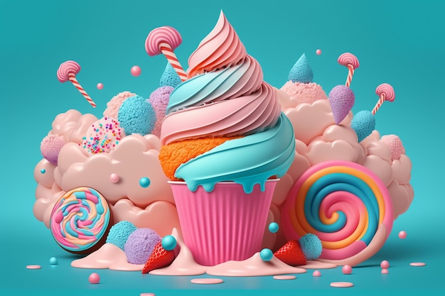 Una ilustración en 3D de un pastelito con un colorido helado.