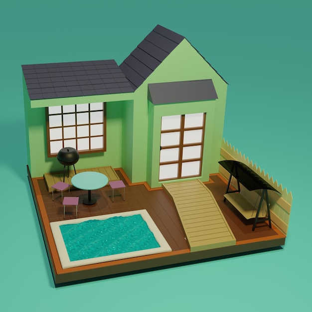 Ilustración 3d del patio trasero de una casa pequeña con piscina y un patio delante