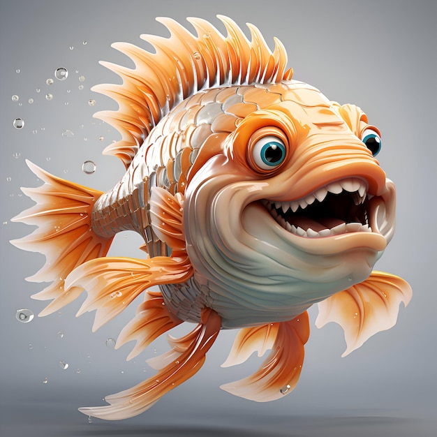 Ilustración 3D de peces dorados de dibujos animados aislados en un fondo gris