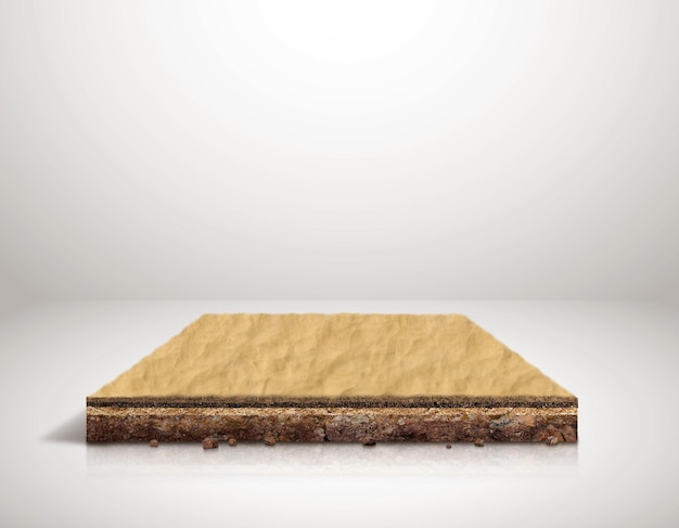 Ilustración 3D de un pedazo isométrico de tierra de arena con sección de suelo. suelo de arena de playa isométrica.