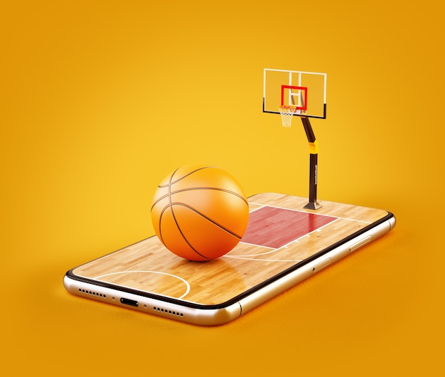 Ilustración 3d de una pelota de baloncesto en la cancha en la pantalla de un teléfono inteligente