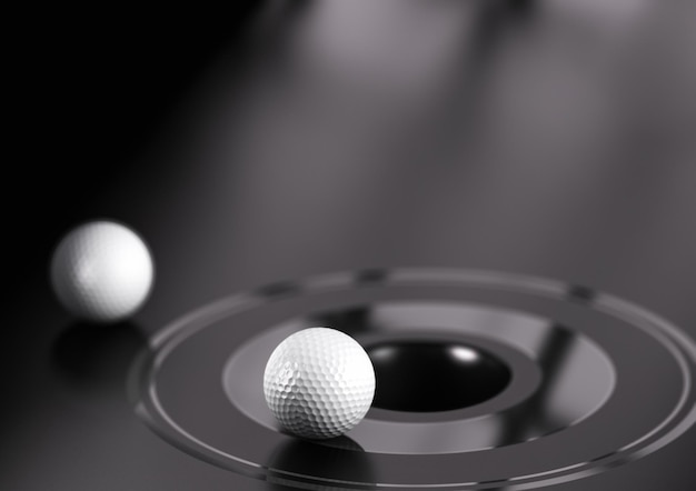 Ilustración 3D de una pelota de golf cerca de un agujero. Fondo negro