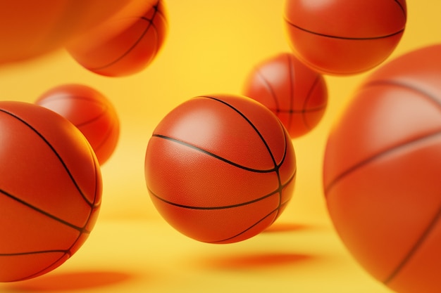 Ilustración 3D de pelotas de baloncesto Vuelan muchas pelotas de baloncesto naranjas