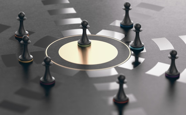 Ilustración 3D de peones sobre fondo negro con el verde logrando el éxito. Concepto de solicitante de empleo exitoso