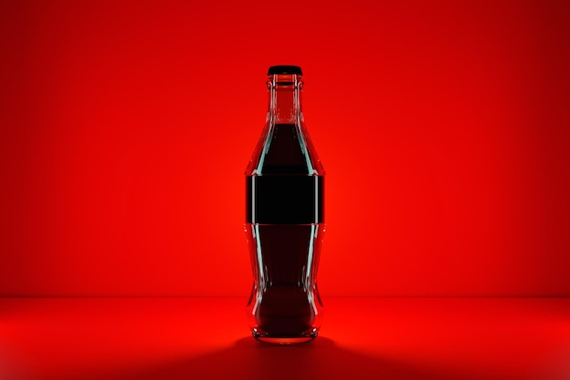 Ilustración 3d de una pequeña botella de refresco de vidrio con una bebida negra sobre un fondo rojo brillante