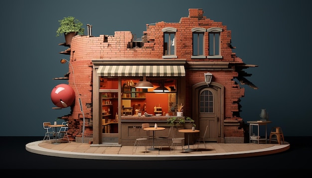 Foto una ilustración 3d de una pequeña cafetería con paredes de ladrillo