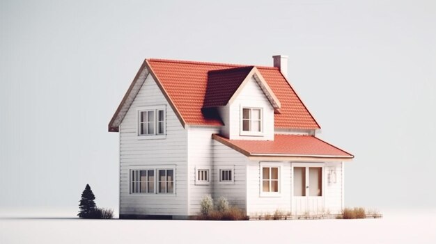 Ilustración 3d de una pequeña casa con una chimenea sobre un fondo blanco concepto de bienes raíces generar ai