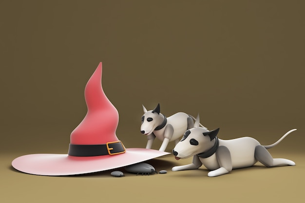 Ilustración 3D Perro mirando garrapatas debajo del sombrero