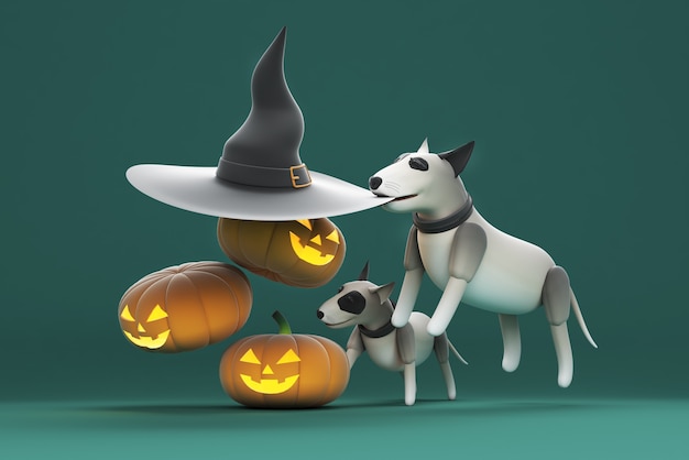 Ilustración 3d perro mordiendo sombrero de bruja