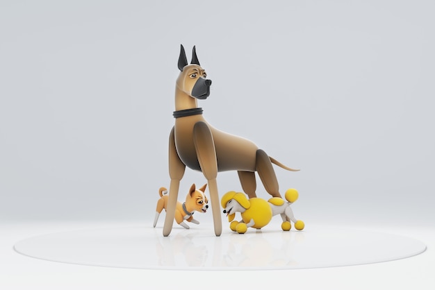 Ilustración 3D de un perro tamizando debajo de la pierna