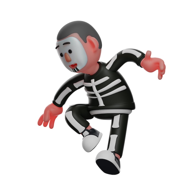 Ilustración 3D Personaje 3D de Skeleton Boy con poses extrañas usando un disfraz de hueso divertido