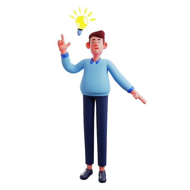 Ilustración 3D El personaje 3D Smart Worker tiene una nueva idea con una pose apuntando a una bombilla