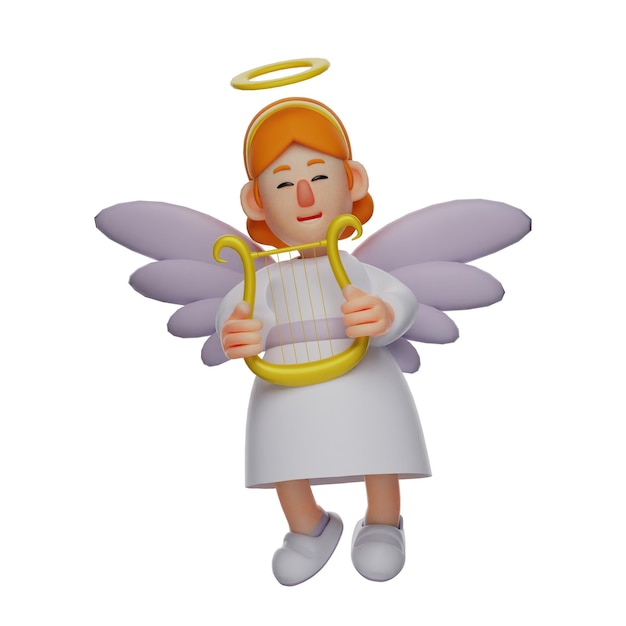 Ilustración 3D El personaje de Angel tiene un arpa con un pañuelo dorado y una bonita sonrisa 3D Ca