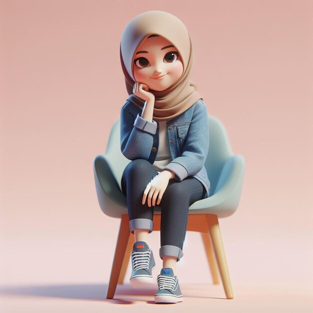 Ilustración en 3D de un personaje animado de una joven indonesia sentada relajada en una silla