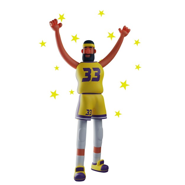 Ilustración 3D Personaje de dibujos animados 3D Imagen de un atleta de baloncesto celebrando la fiesta del ganador